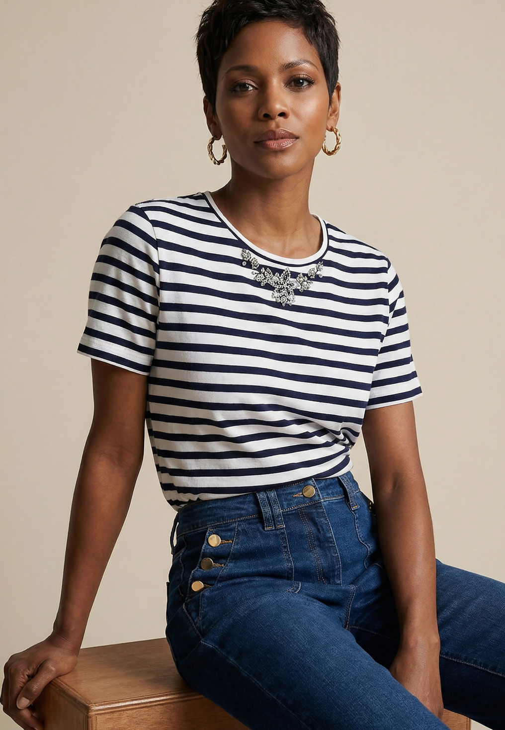 T-SHIRT - PRETTY - ECRU/MARINE - Nouveautés Antonelle