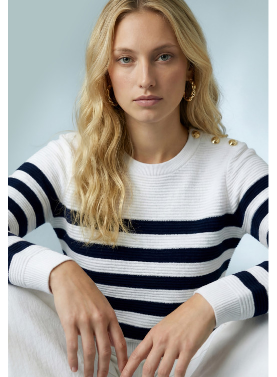 PULL 100%COTON - SANARY - BLANC/MARINE - Nouveautés Antonelle