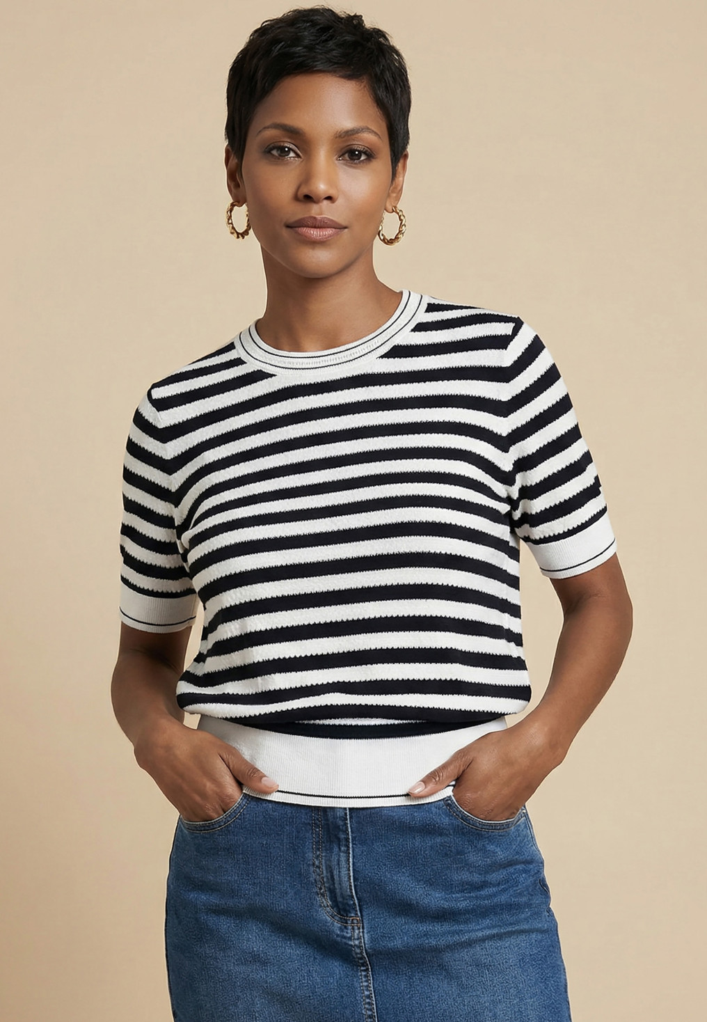 PULL MANCHES COURTES - SUZON - ECRU/MARINE - Nouveautés Antonelle