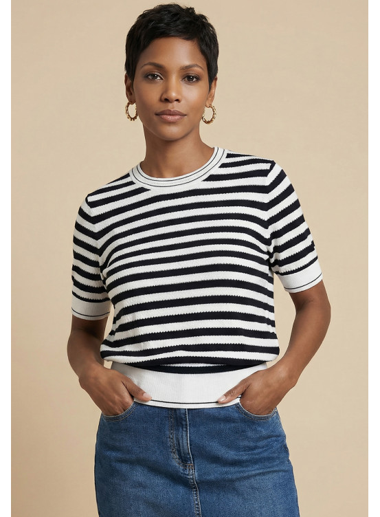 PULL MANCHES COURTES - SUZON - ECRU/MARINE - Nouveautés Antonelle