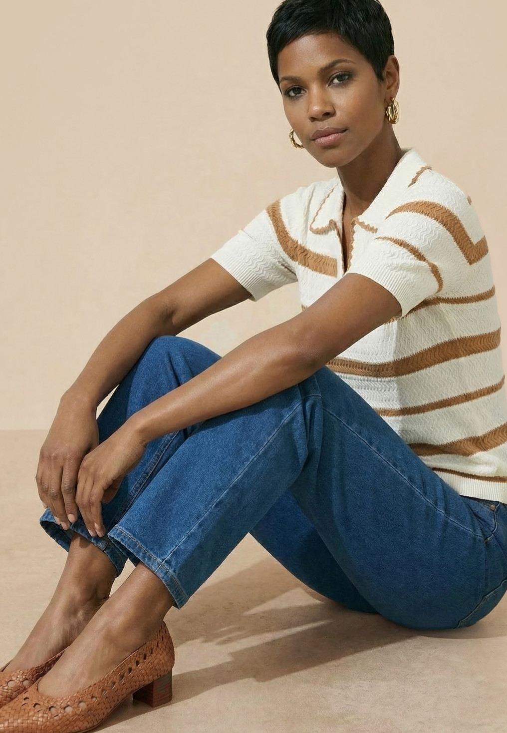 POLO RAYÉ - SAMOA - BLANC/CAMEL - Antonelle