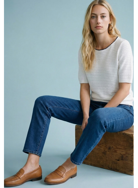 PULL MANCHES COURTES - SUZETTE - ECRU/MARINE - Antonelle