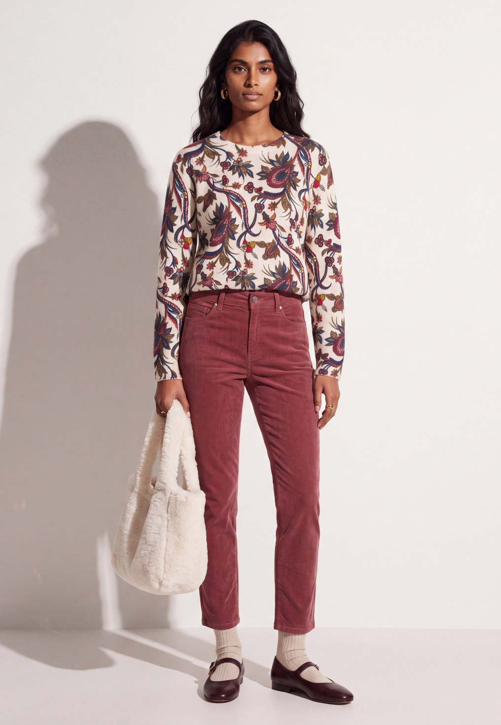 PANTALON SLIM 7/8 EME VELOURS -TIOTA - BOIS DE ROSE