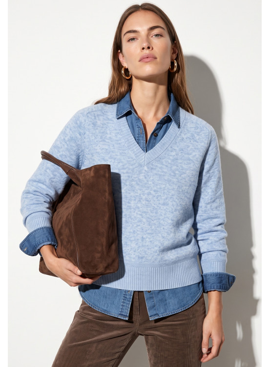 PULL COL V - TRESOR - CIEL CHINE