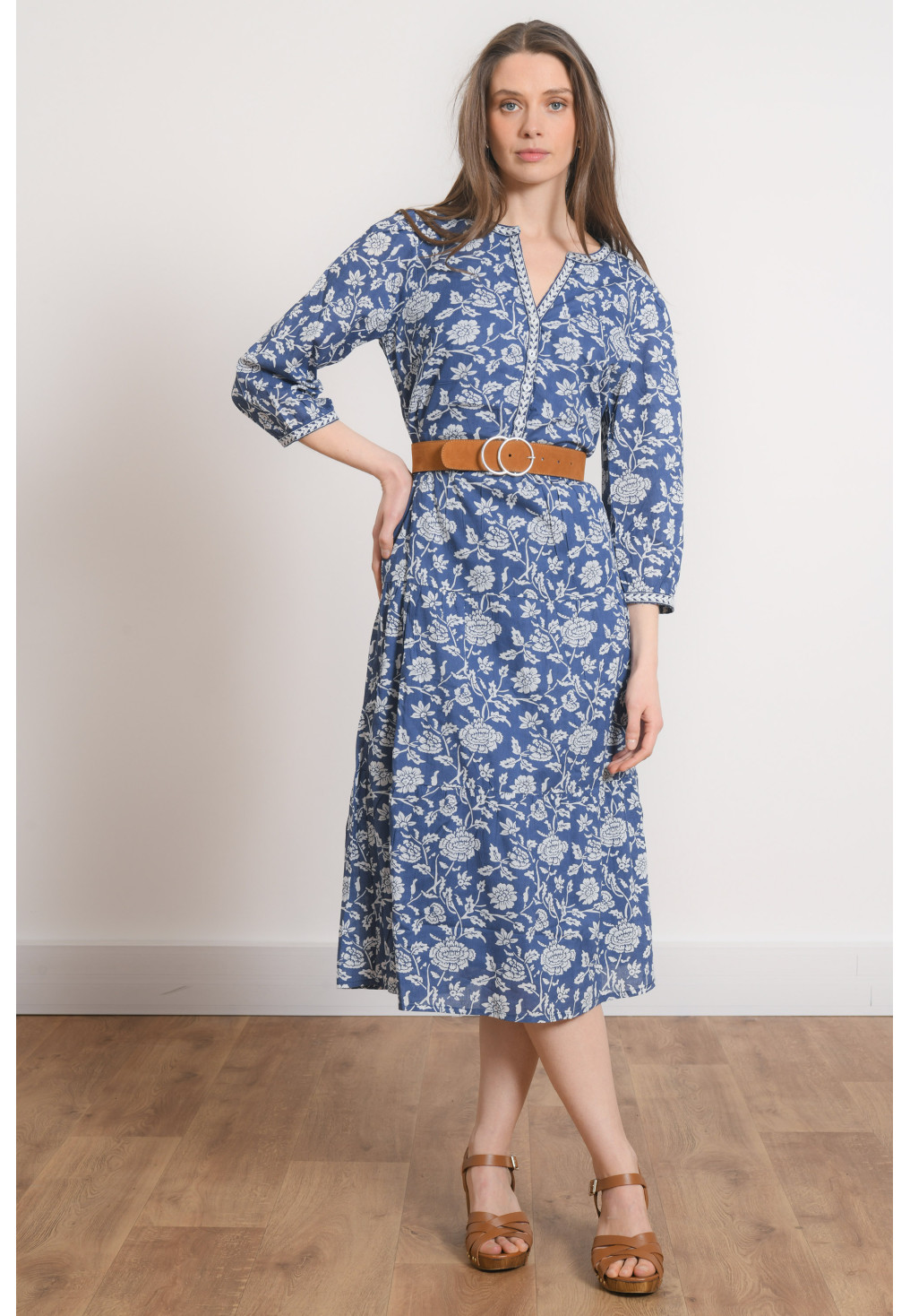 ROBE LONGUE 100% COTON - MELIA - INDIGO/BLANC - Antonelle