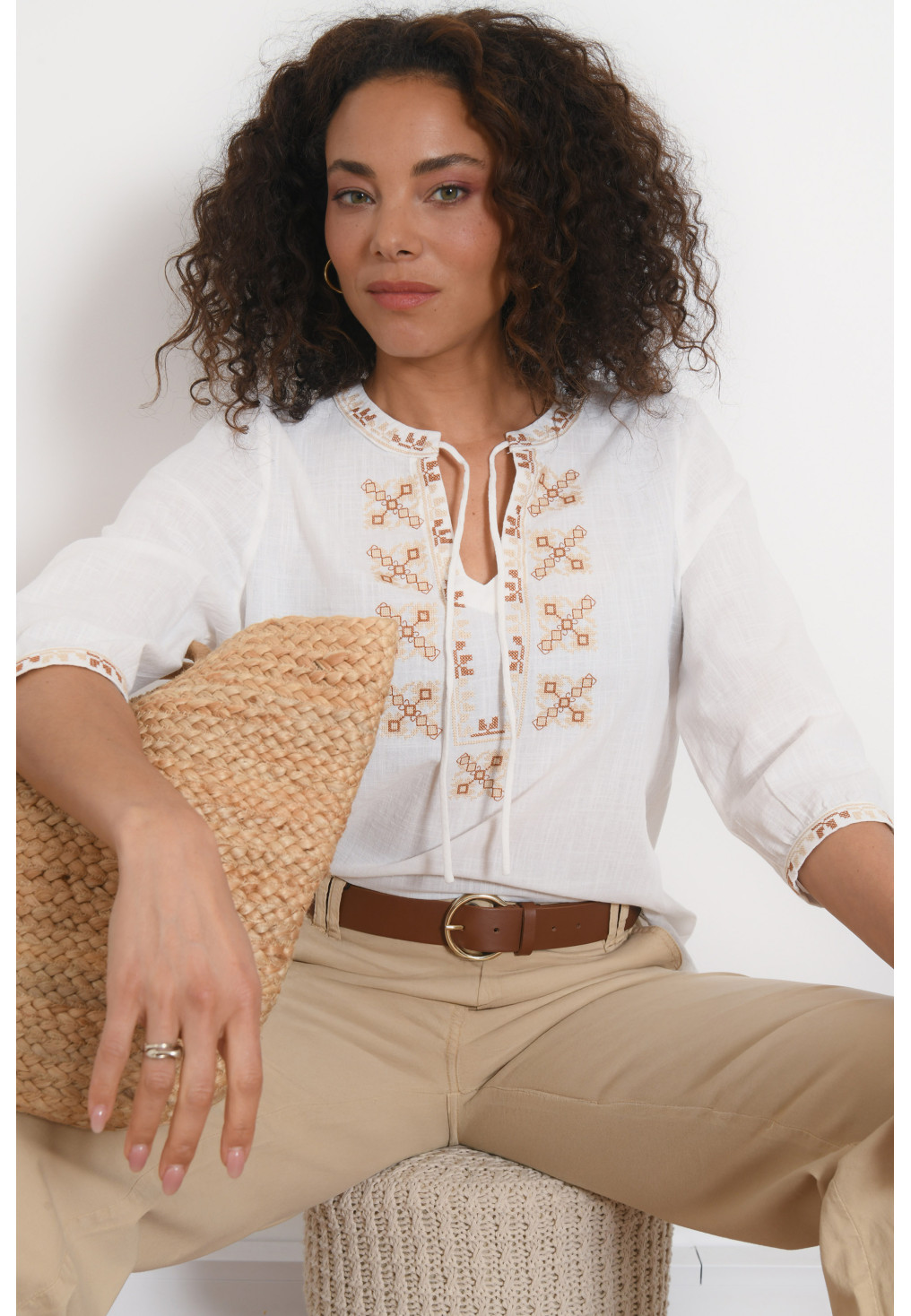 CHEMISE M3/4 - PEYTON - ECRU/CAMEL - Antonelle