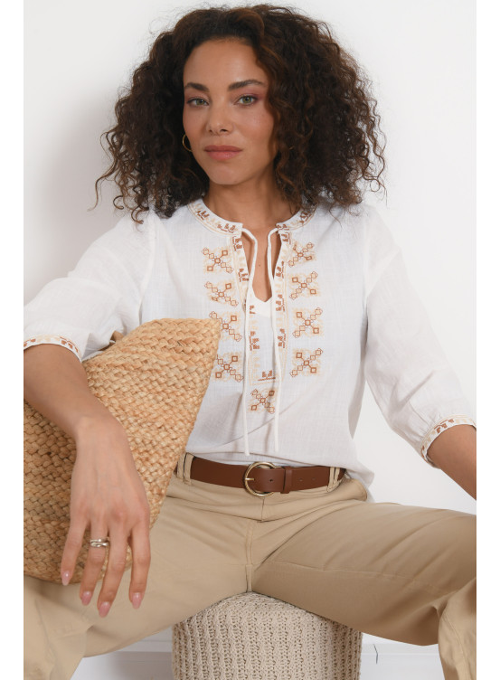 CHEMISE M3/4 - PEYTON - ECRU/CAMEL - Antonelle